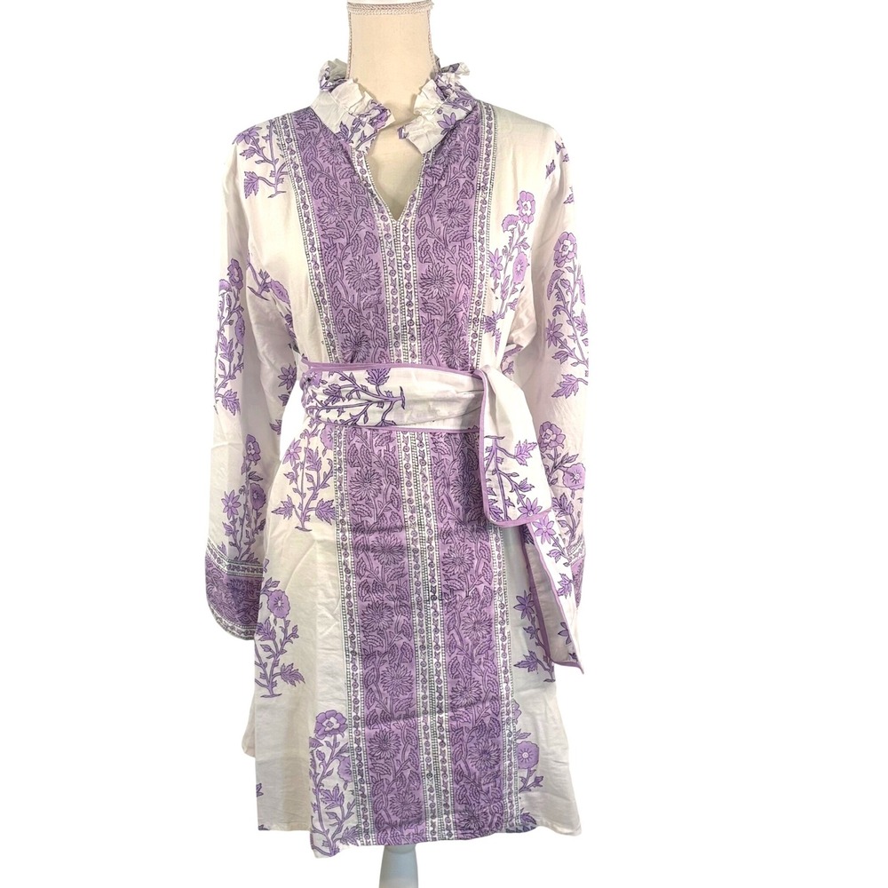 Victoria Dunn Purple Floral Block Print Cotton Tunic Dress 2XL Ruffle Neck